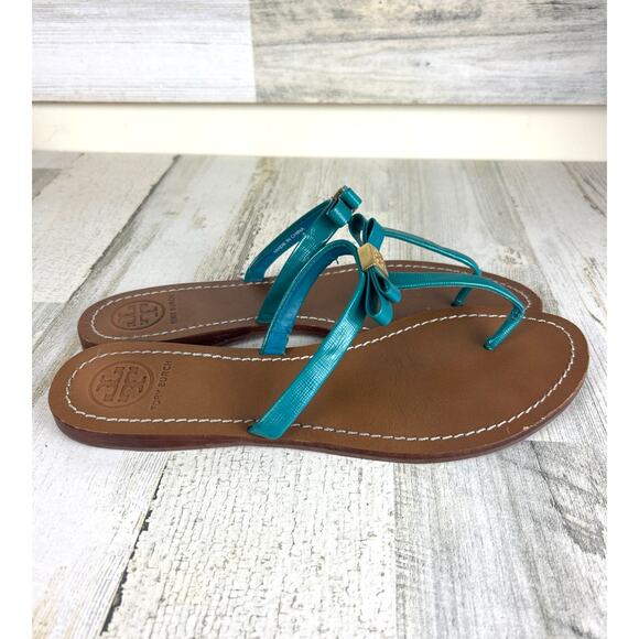 Tory Burch Womens 10 Blue Gold Leighanne Bow Slip-On Logo Thong Sandals - Picture 4 of 11